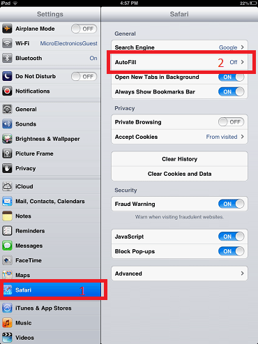 iPad Settings, Safari, AutoFill